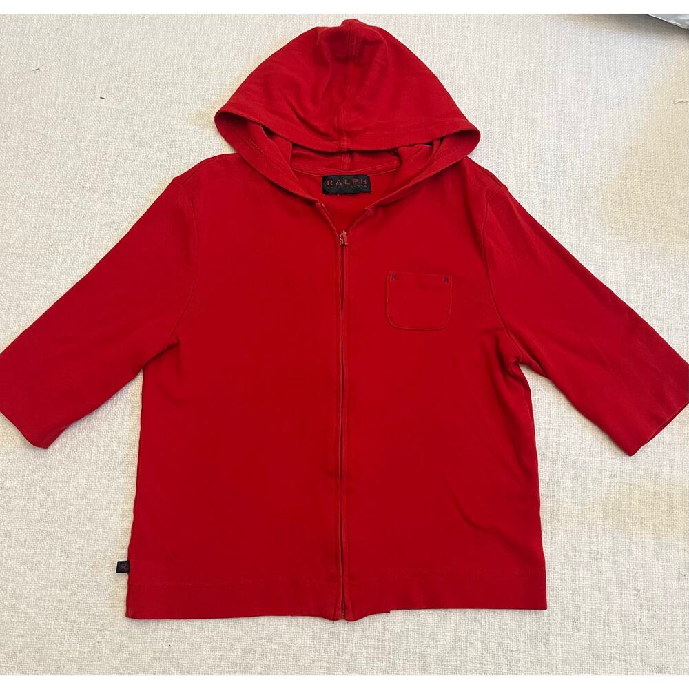 Ralph by Ralph Lauren Womens XS Red Full Zip Hoodie 3/4 Sleeve X-Stitch Pocket
